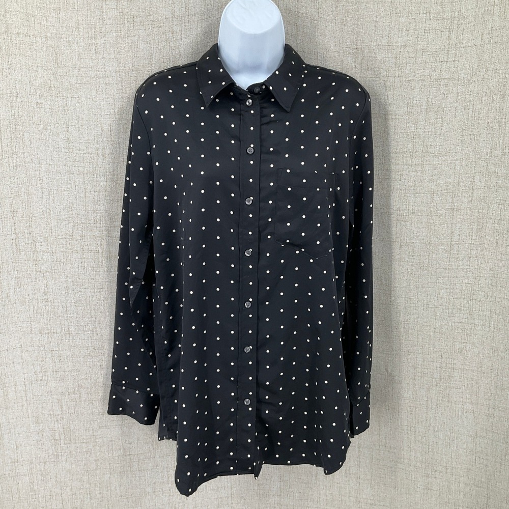 GAP Button Down Shirt Womens Small Black Polka Dot Satin Boyfriend Oversized
